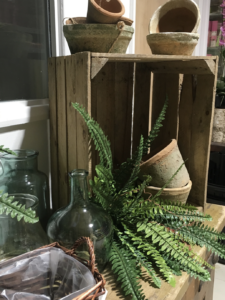 Boston Fern, glass bottle, crate and terracotta weathered pots & basket