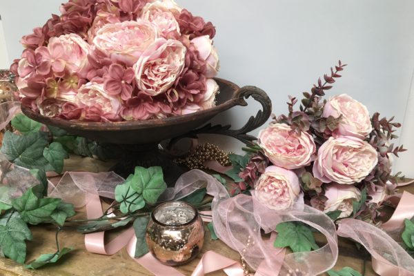 Faux pale pink peonies & dusty pink hydrangea. Bouquet is faux pale pink peonies & eucalyptus.