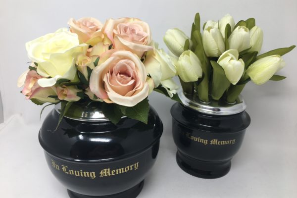 Tribute vases and pots in loving memory - filled with faux roses and faux tulips