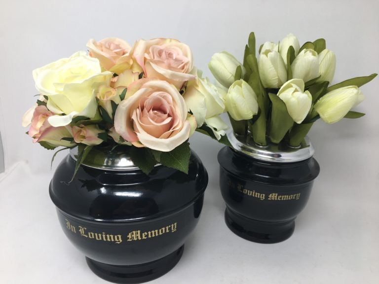 Tribute vases and pots in loving memory - filled with faux roses and faux tulips