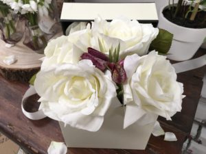 Square flower box arrangement with faux white roses fritillary