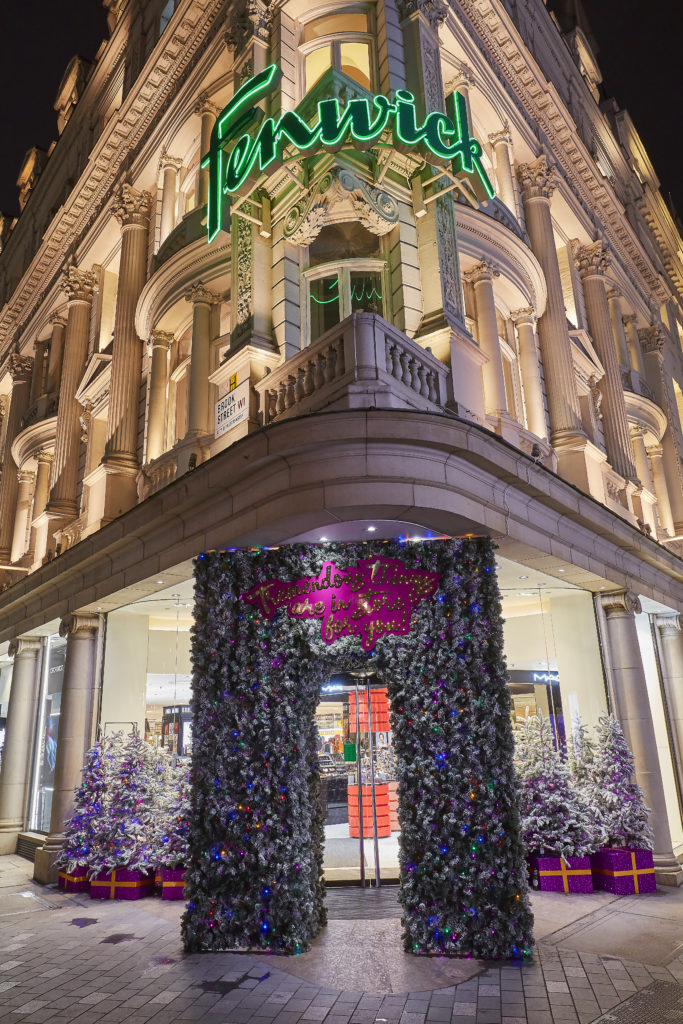 Fenwick Bond Street store transformed for the festive season using Flourish Trading garlands, trees, ribbons and fairy lights